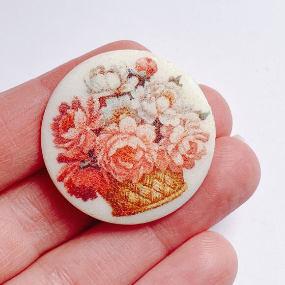 VTG 60s Brooch Glazed Ceramic Floral Transfer Basket of Flowers Mid Century Pin - Picture 2 of 9